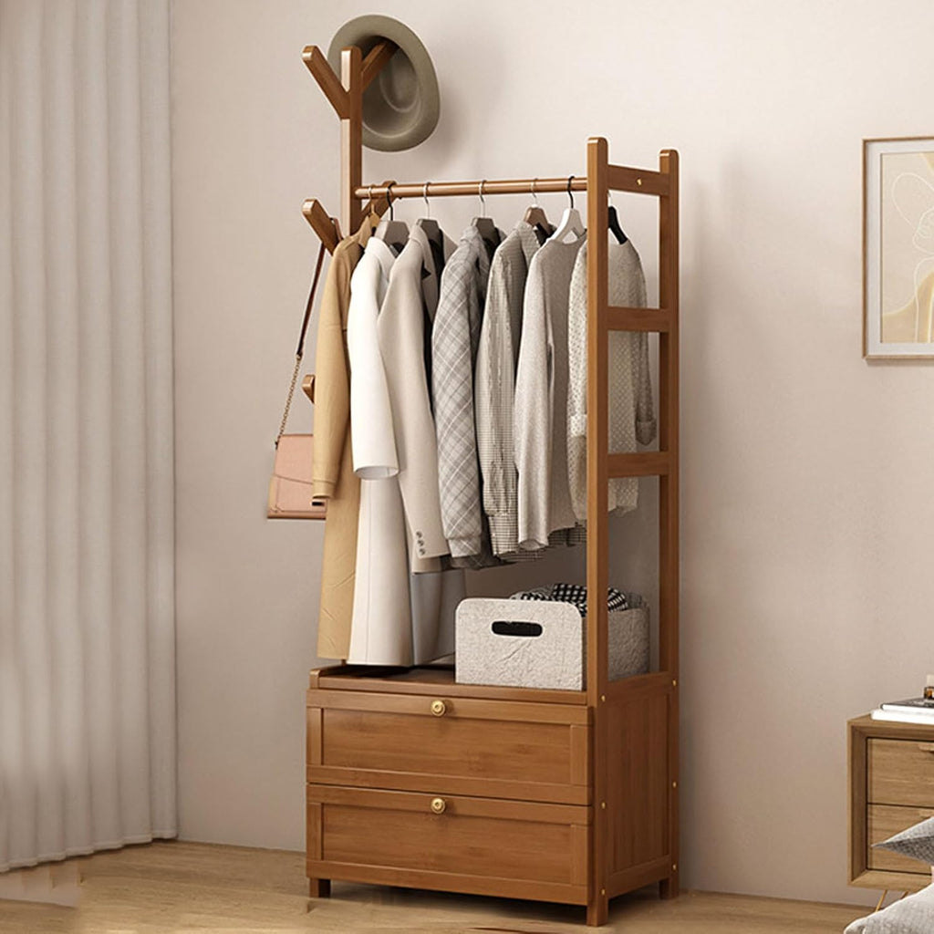 Free Standing Coat Stand Garment Rack Bamboo Clothes Rail Rack with Storage Shelves and 2 Tier Storage Cabinet, Portable Open Wardrobe for Hanging Clothes