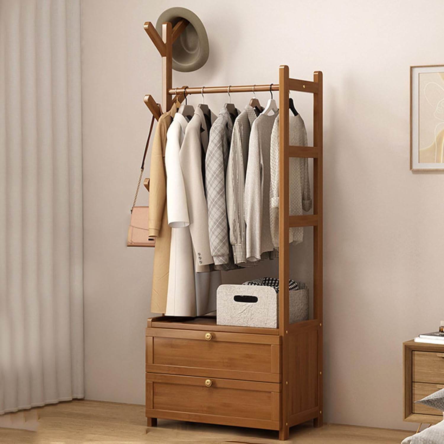 Free Standing Coat Stand Garment Rack Bamboo Clothes Rail Rack with Storage Shelves and 2 Tier Storage Cabinet, Portable Open Wardrobe for Hanging Clothes