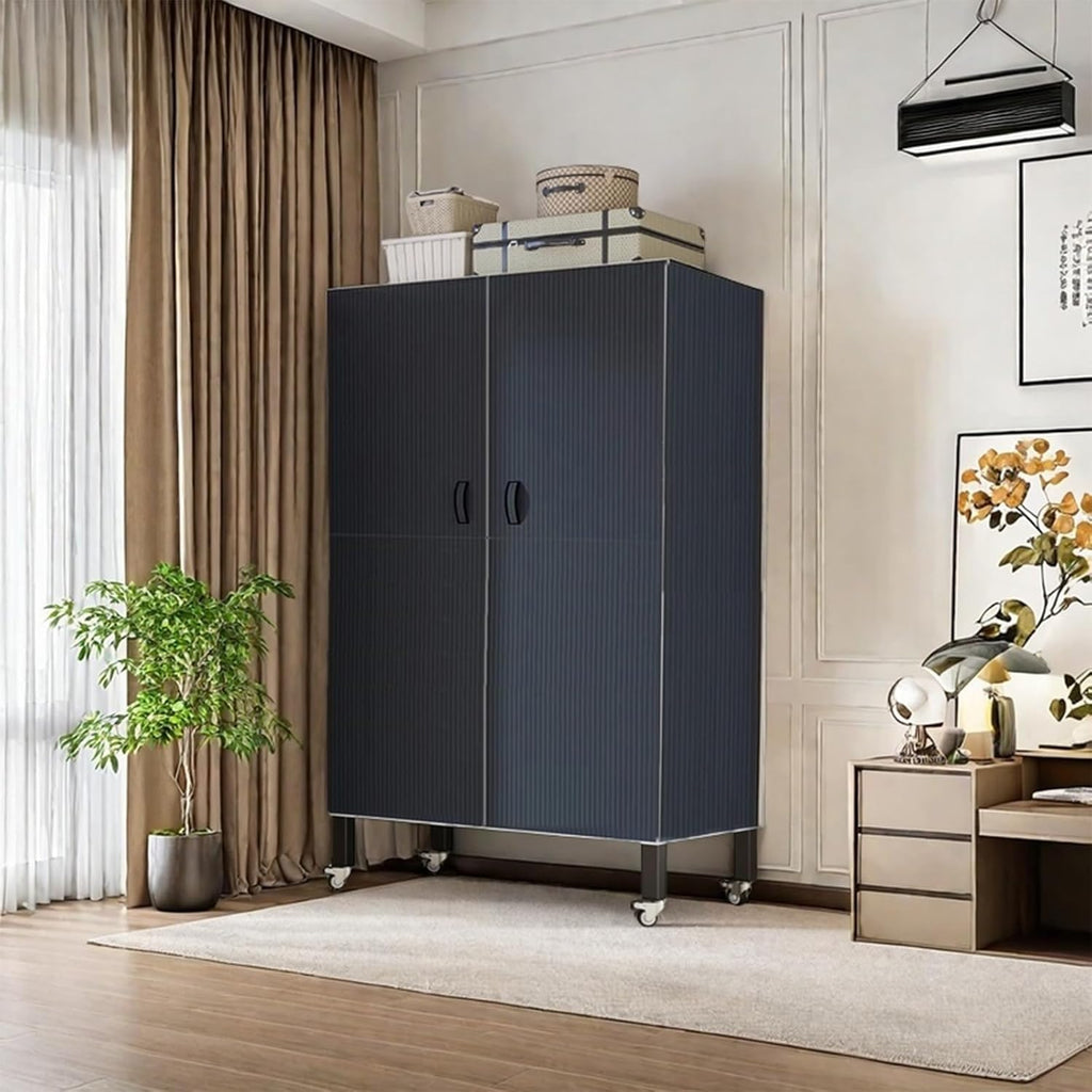 Foldable Portable Wardrobe On Wheels, Freestanding Garment Rack, with Magnetic Door 2000lbs, Heavy Duty Clothes Rack, for Bedroom Closet Systems (Gray Blue, 100CM/39IN)