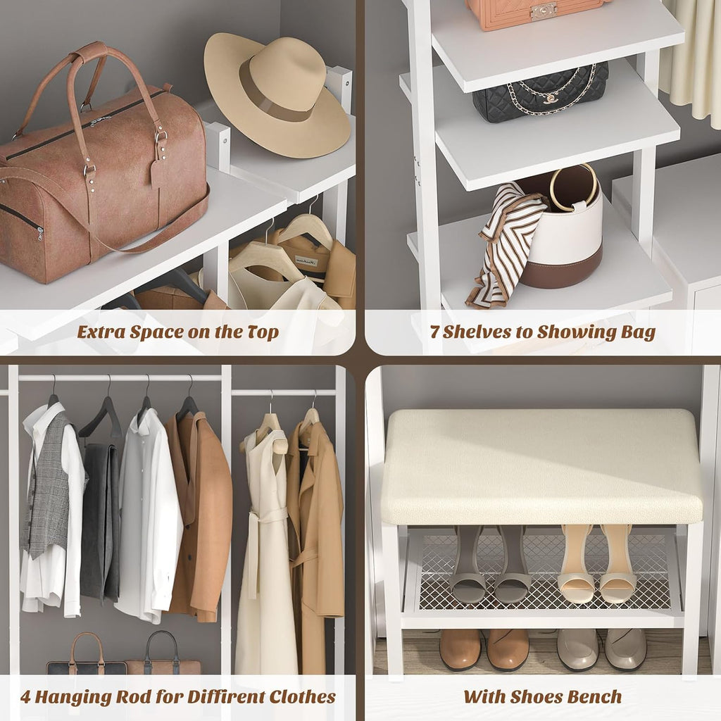 Aheaplus Clothing Rack Heavy Duty Closet System Organizer for Hanging Clothes, 8FT Large Wall Mounted Garment Rack Clothes Rack with 6-Drawers for Wardrobe, Bedroom and as Walk-in Closet System, White