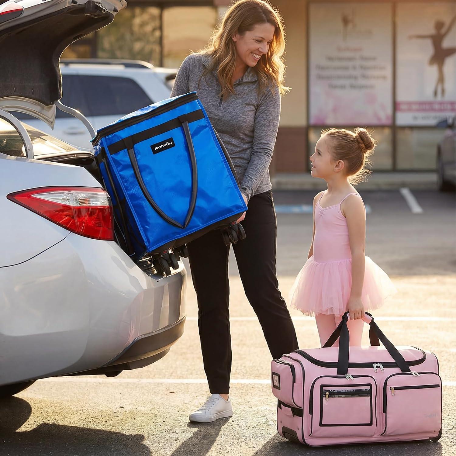 Fanwoli Dancer's Mobile Combo:80L Reusable Grocery Bag on Wheels + 23' Dance Bag with Garment Rack|Upgrade Stability, Simplify Your Move| Ideal for Competitions, Rehearsals & Daily Errands