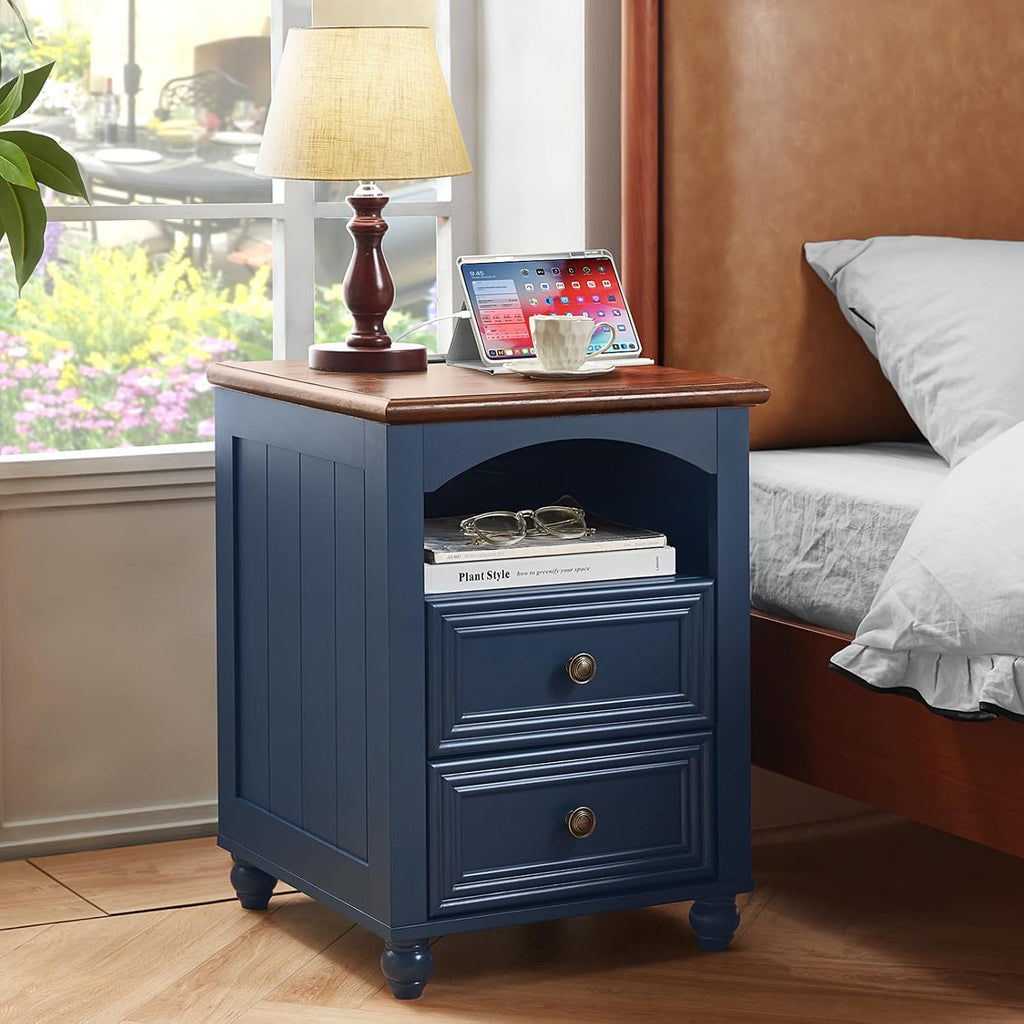 RWYHG 18' Farmhouse Night Stand Set of 2 with Charging Station, Wood Blue Nightstand with 2 Drawers, Bedside End Table with Shelf Storage, Bed Side Tables for Bedroom, Living Room, and Closet