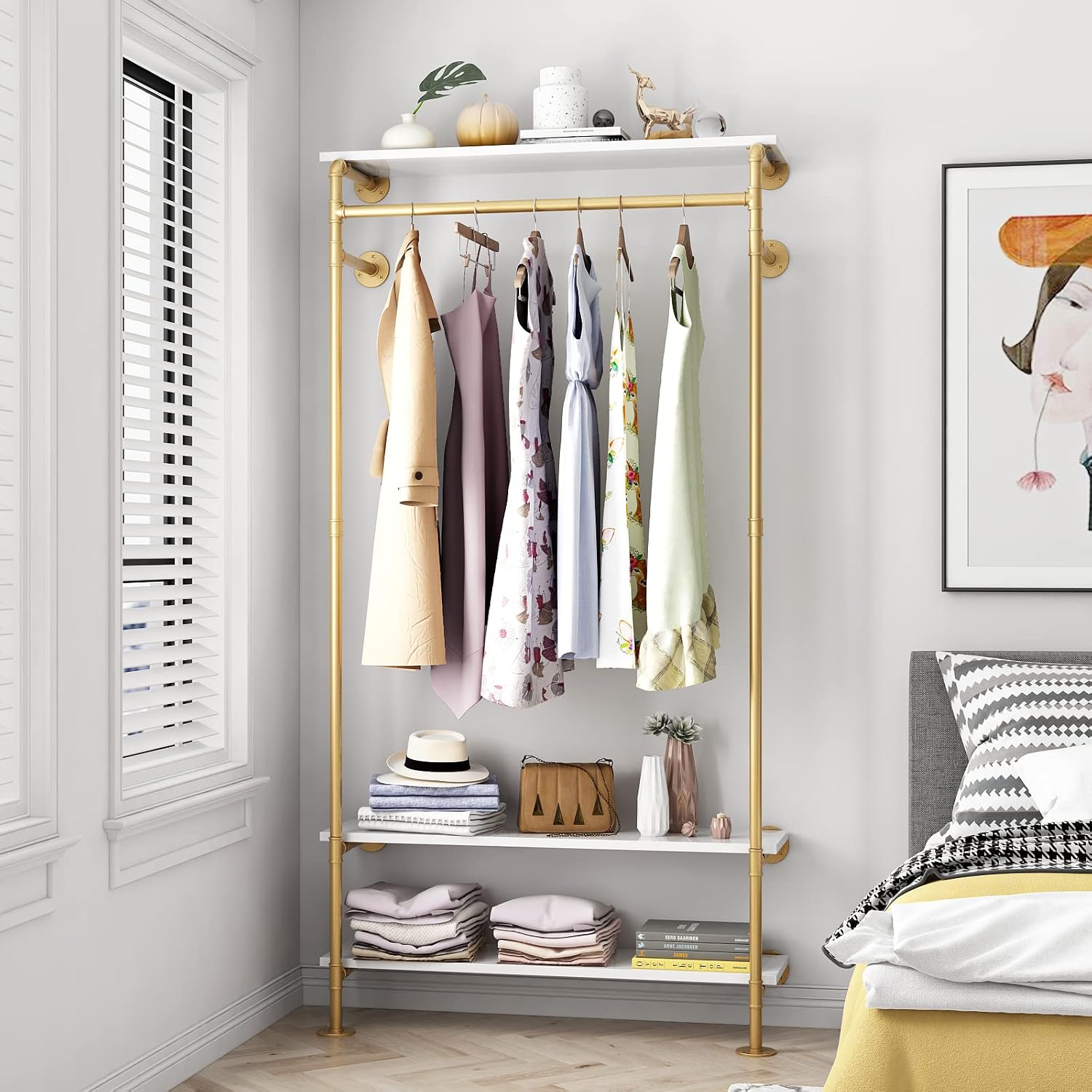 Gold Wall Clothing Racks with White Shelves, Wall Mounted Gold Clothes Rack for Hanging Rods，Heavy Duty Industrial Pipe Clothing Racks With Shelves Retail Display Garment Rack for Home