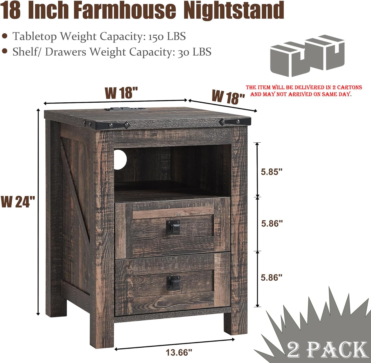T4TREAM Farmhouse Nightstand Set of 2, Rustic End Table with 2 Drawers, Charging Station, Storage Open Shelf for Bedroom, Living Room, Wood Side Table, Dark Rustic Oak