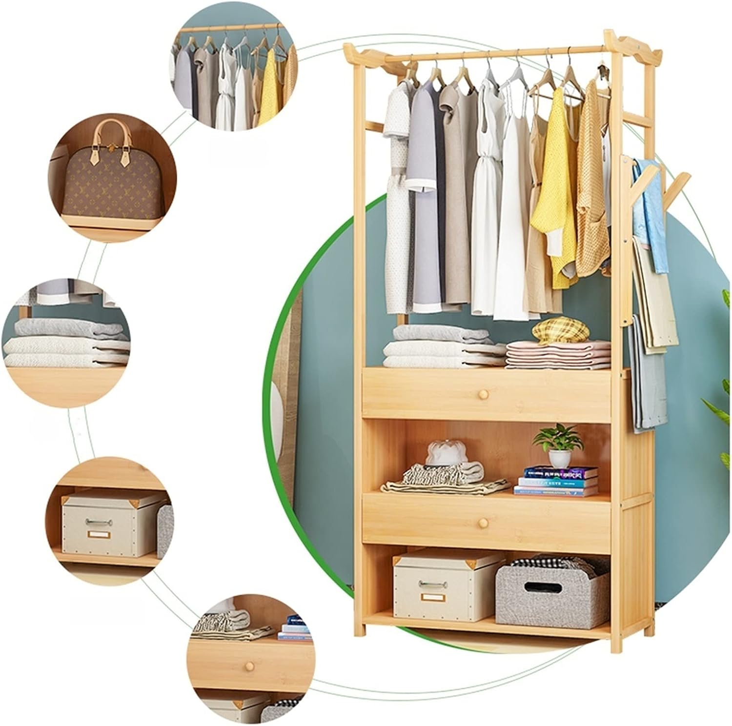 Coat Rack, Clothes Rack Bamboo Garment Racks With 2-Tier Bottom Shelves Heavy Duty Portable Clothes Organizer Rack Freestanding Clothing Rack For Hanging Clothes