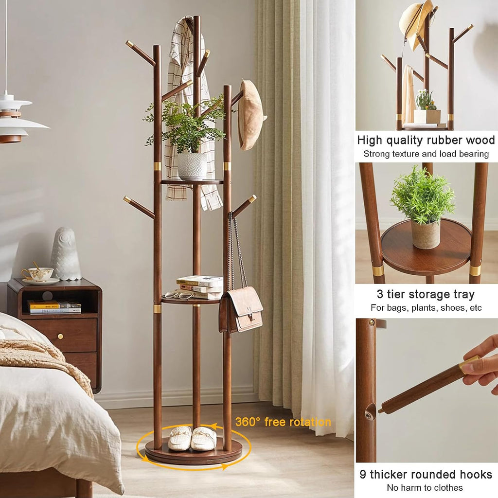 Bamboo Clothes Hanging Rack with 3 Tier Storage Shelves and 9 Coat Hooks, Portable Clothing Organizer Hat Tree Garment Rack for Bedroom Guest Room