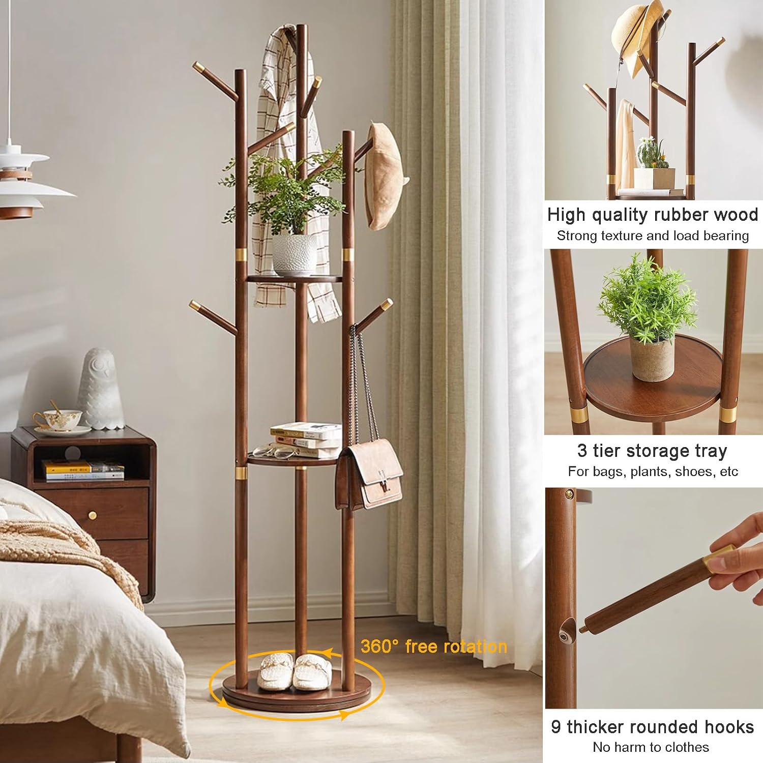 Bamboo Clothes Hanging Rack with 3 Tier Storage Shelves and 9 Coat Hooks, Portable Clothing Organizer Hat Tree Garment Rack for Bedroom Guest Room
