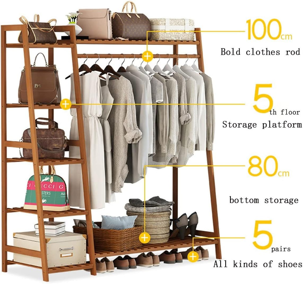 Bamboo Clothes Hanging Rack with 5 Tier Storage Shelves Hooks Portable Rack Cloest Organizer Garment Rack for Bedroom Guest Room/80 * 40 * 140Cm (130*40*140cm )