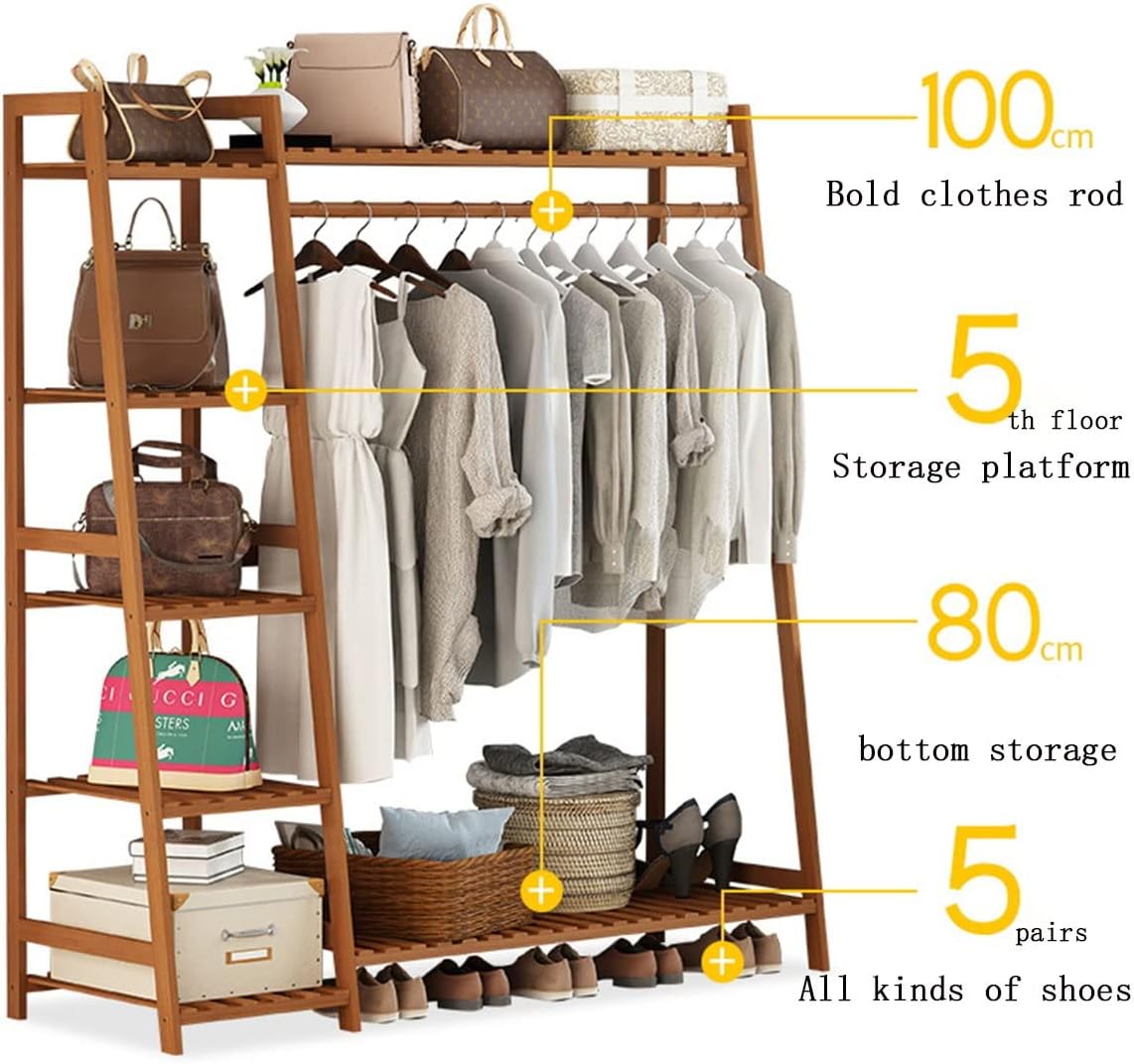 Bamboo Clothes Hanging Rack with 5 Tier Storage Shelves Hooks Portable Rack Cloest Organizer Garment Rack for Bedroom Guest Room/80 * 40 * 140Cm (80*40*140cm )