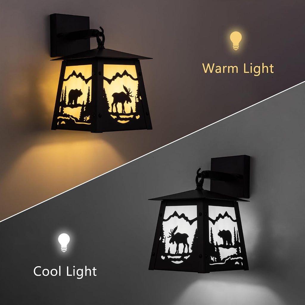 TOCHIC Wall Sconce 2-Pack, Vintage Farmhouse Wall Light Fixtures, Black Outdoor Wall Lamp for Patio with Bear Elk, Rustic Wall Mount Light for Front Door, Bathroom Vanity Light, Porch, Corridor