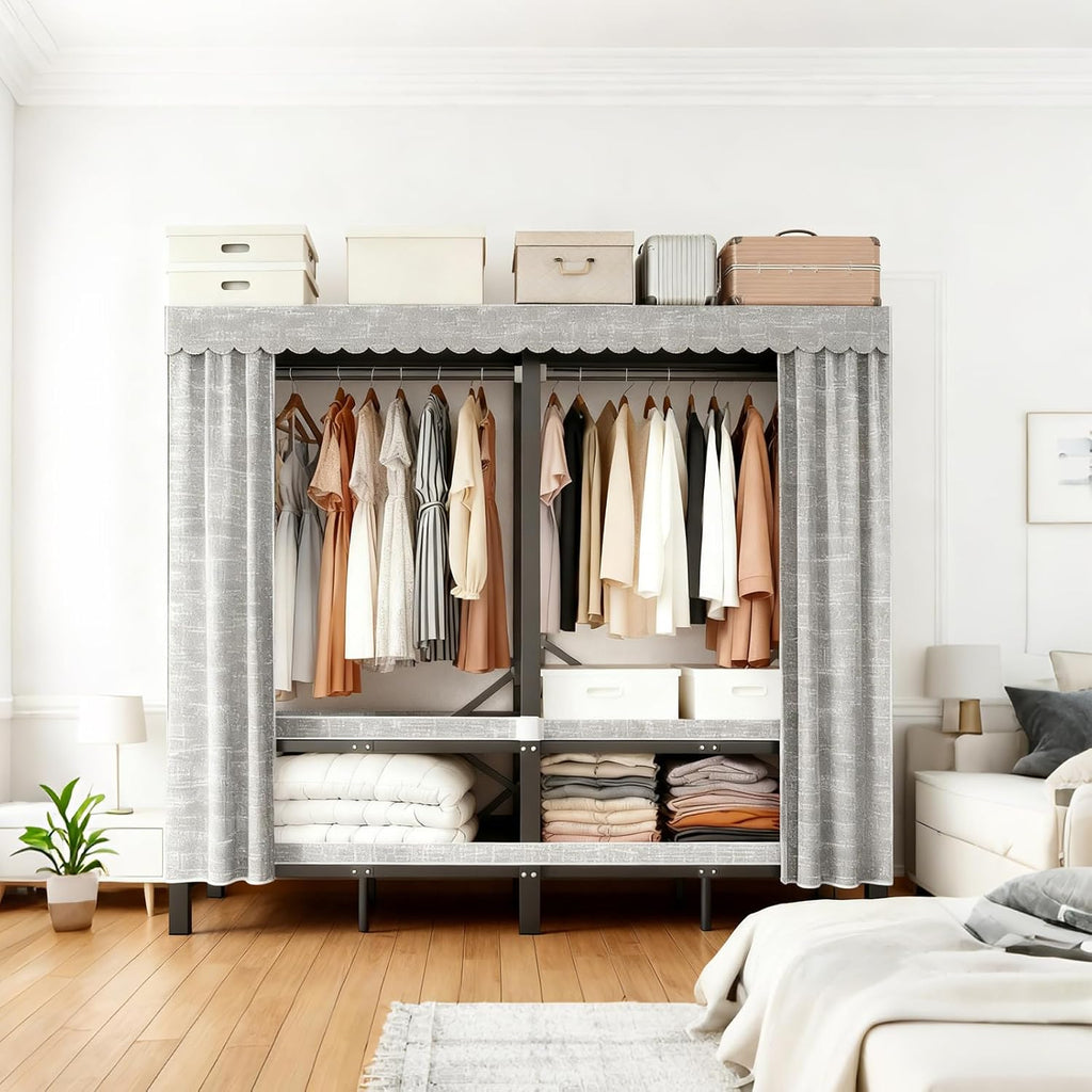 49.2in Heavy Duty Portable Closet, Foldable Wardrobe Closet with Cover, Metal Clothing Shelves for Clothes Organizers and Storage, for Bedrooms, Apartments, Rental Properties (Grey, 49.2in)