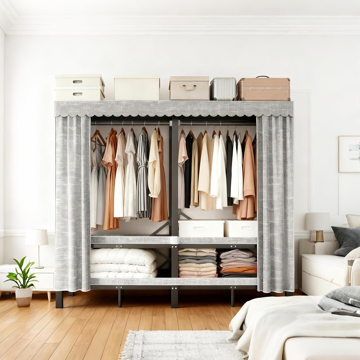 49.2in Heavy Duty Portable Closet, Foldable Wardrobe Closet with Cover, Metal Clothing Shelves for Clothes Organizers and Storage, for Bedrooms, Apartments, Rental Properties (Grey, 49.2in)