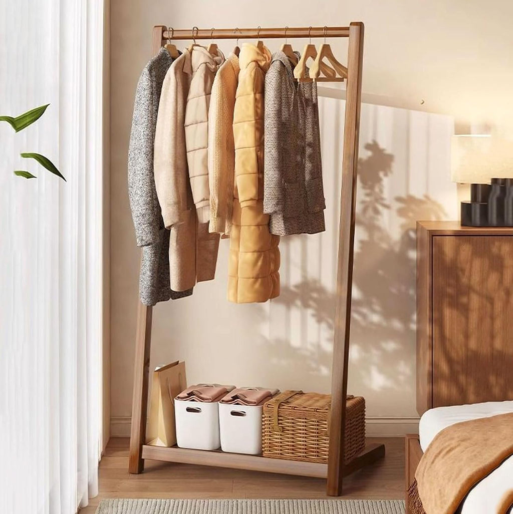 Bamboo Clothing Rack L-shape Coat Rack with Storage Shelves, Free Standing Clothes Hanging Rail Garment Rack for Entryway Bedroom Living Room
