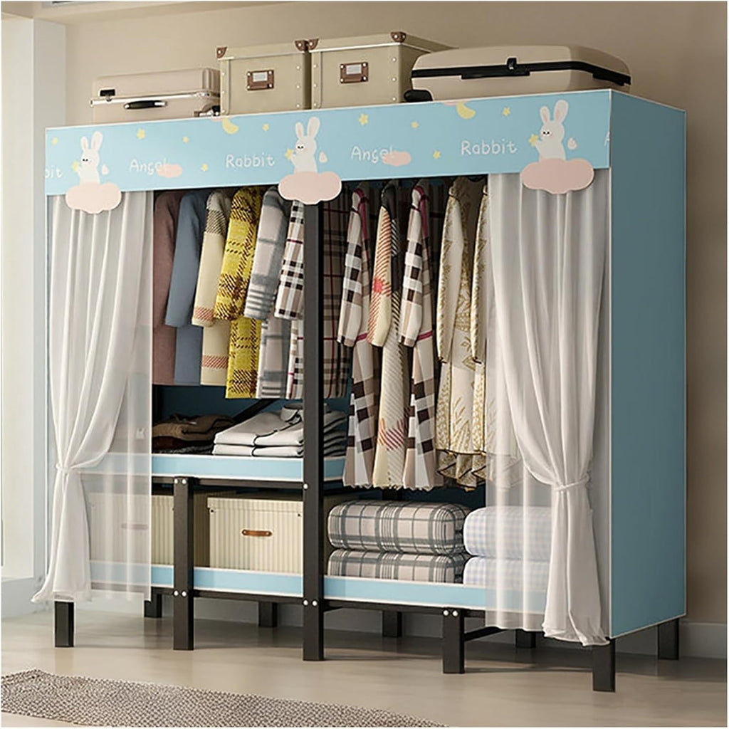 Foldable Wardrobe Closets For Hanging Clothes, Heavy Duty Garment Rack With Cover, Freestanding Covered Metal Clothes Rack, Organizer Enclosed Covered Armoires(Blue,190x50x170cm)