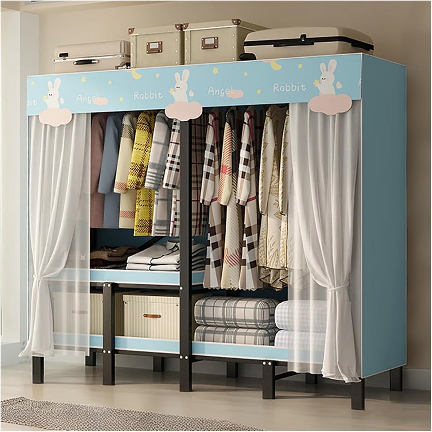 Foldable Wardrobe Closets For Hanging Clothes, Heavy Duty Garment Rack With Cover, Freestanding Covered Metal Clothes Rack, Organizer Enclosed Covered Armoires(Blue,145x50x170cm)