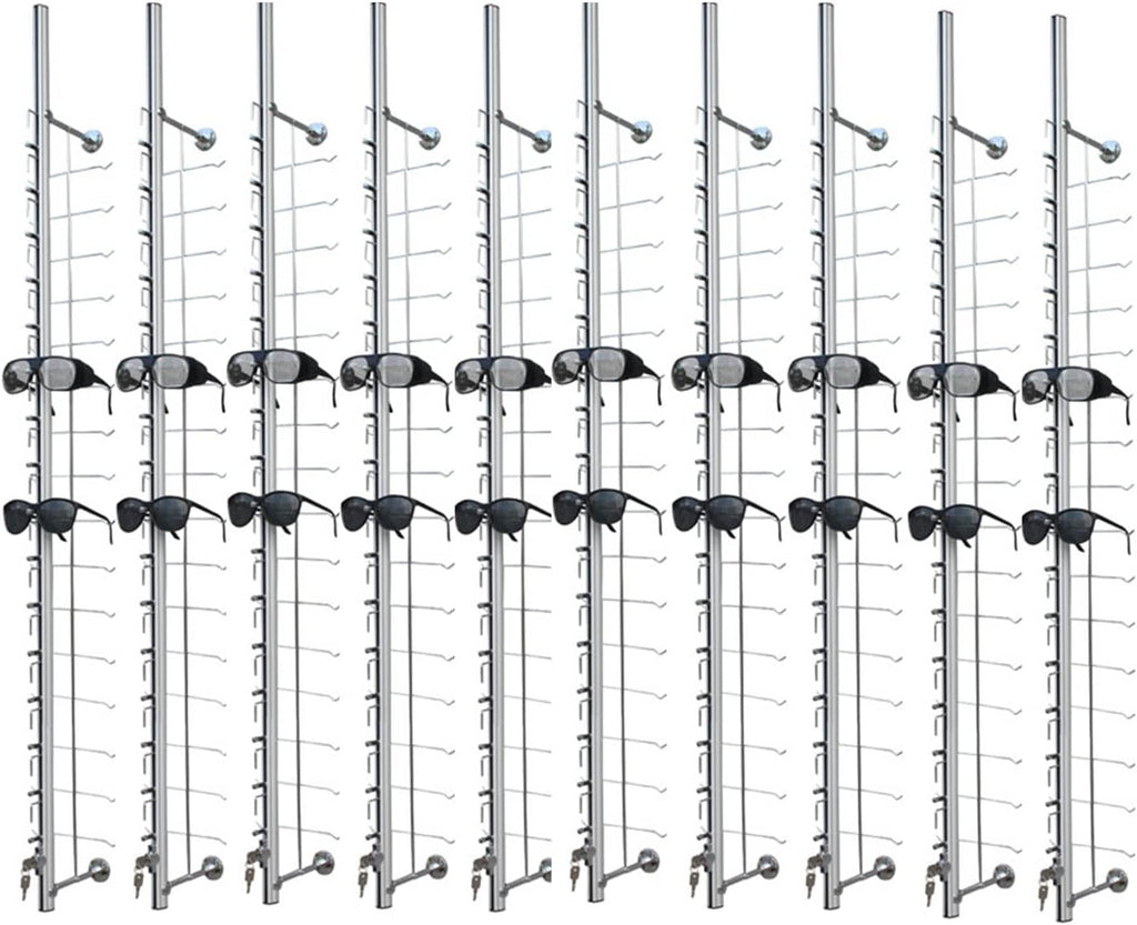 10Pcs Aluminum Sunglass Holder with Lock Wall-Mounted Sunglasses Rack Organizer Storage Eyewear Glasses Display Stand Eyeglass Decorative Display Rod,Hold 16 Frames