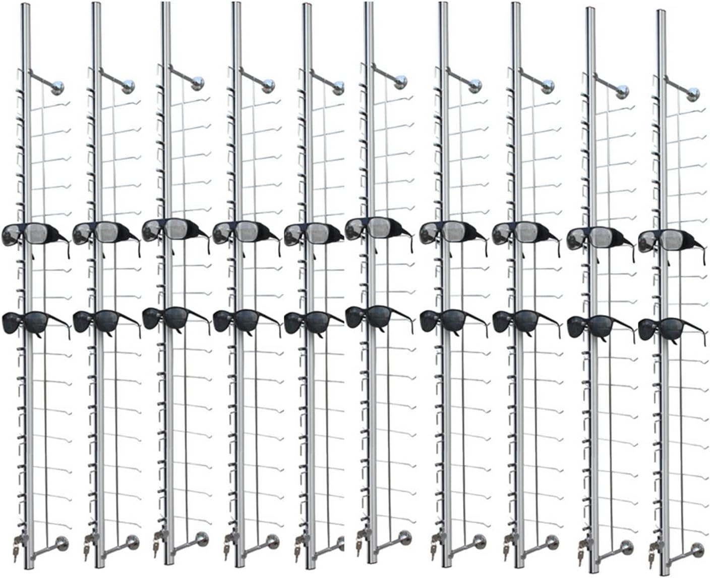 10Pcs Aluminum Sunglass Holder with Lock Wall-Mounted Sunglasses Rack Organizer Storage Eyewear Glasses Display Stand Eyeglass Decorative Display Rod,Hold 16 Frames