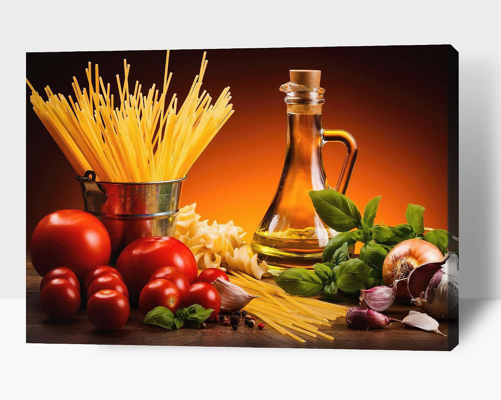 Kitchen Wall Decor Canvas Art, Colorful Ingredient Vegetable and Fruit Canvas Print for Dining Room Decor, Vintage Condiment Picture Kitchen Framed Painting for Restaurant Decor (28x40 Inches)
