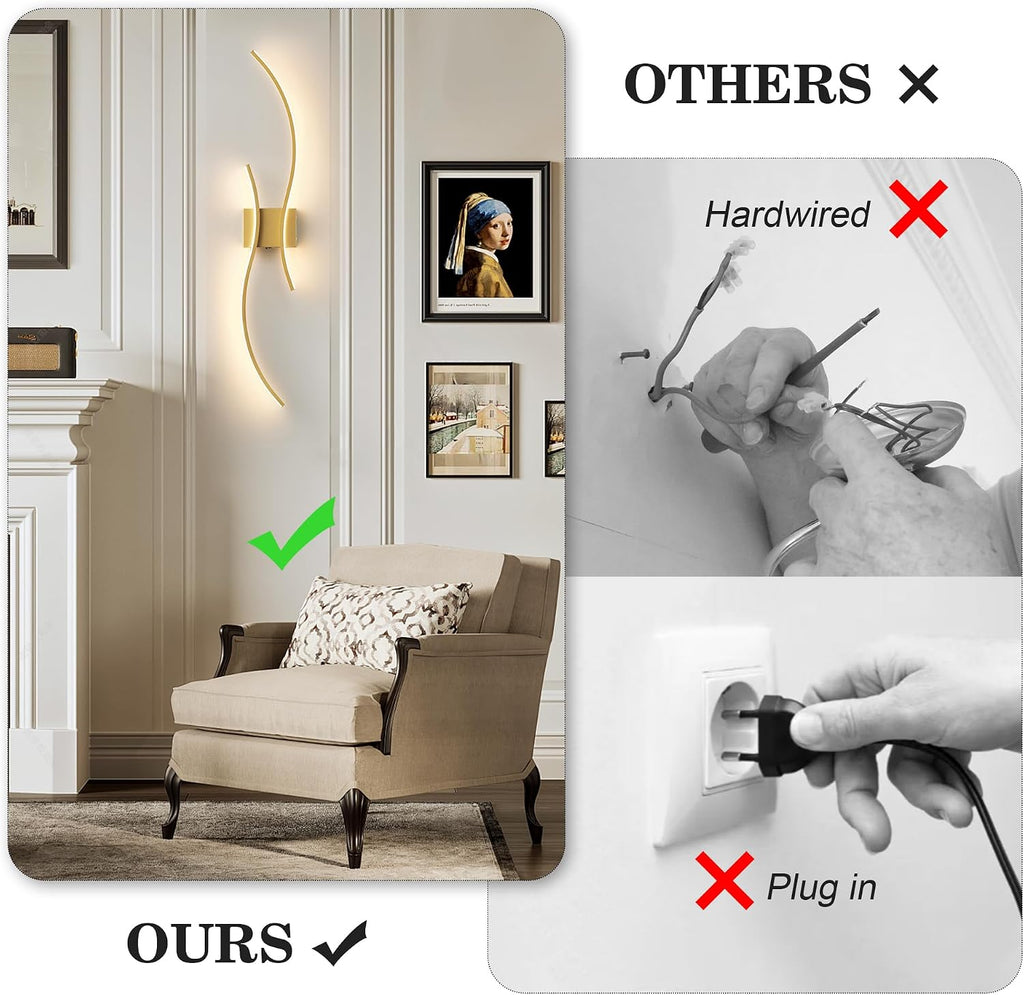 Battery Operated Wall Sconces Set of Two with Remote Control, Battery Wall Light, Stepless Colors 3000K-6000K & Dimming, Gold Rechargeable Wall Sconces for Living Room, Hallway, Bedroom, 39.3 Inch