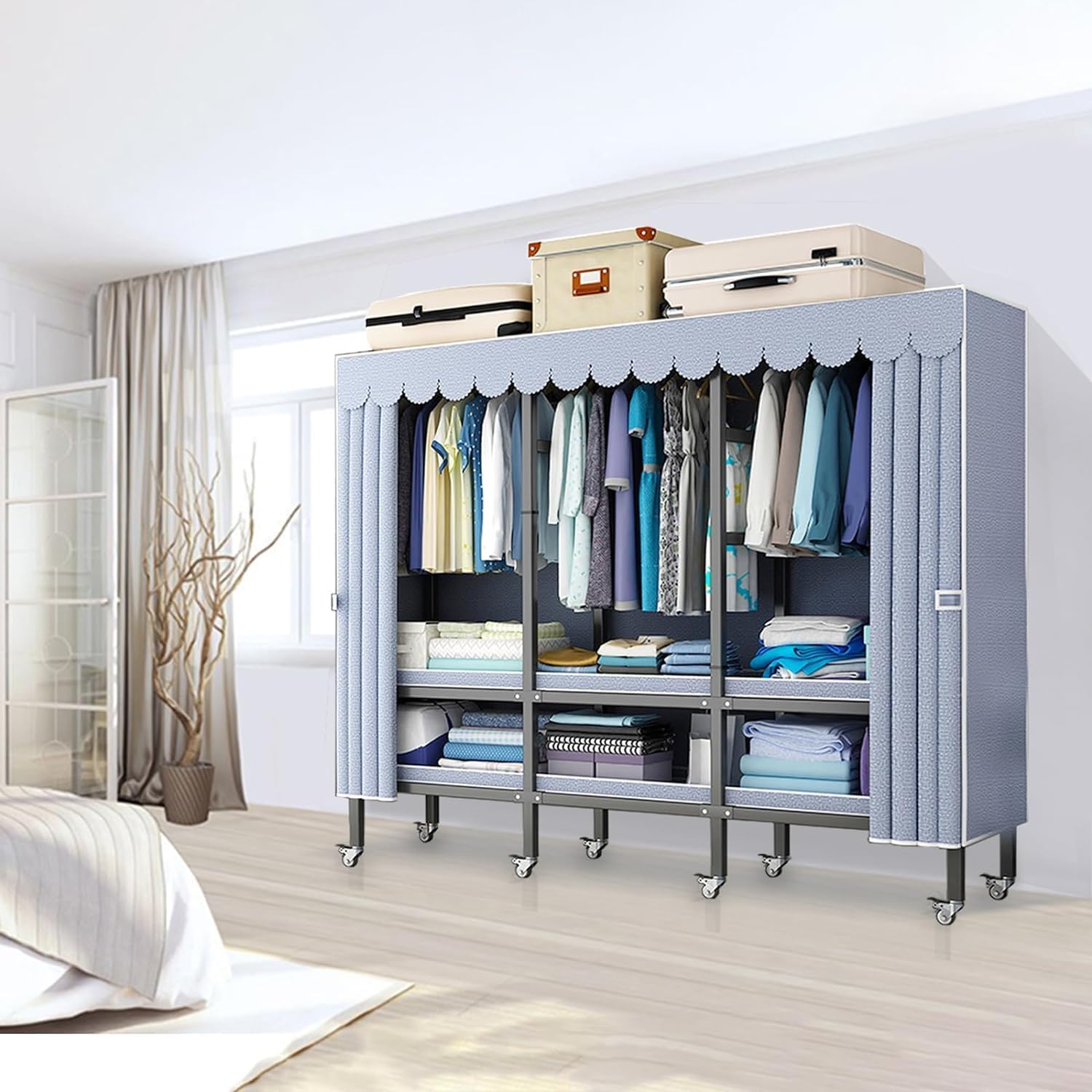 Portable Foldable Wardrobe Closet for Hanging Clothes Storage Garment Rack with Cover and 8 Wheels-70.8in High Heavy-Duty Freestanding Closet System with 3 Hanging Rods Load 1600lb(74.8in/190cm)