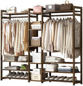 Bamboo Coat Stand with Storage Shelves and Compartments Portable Clothes Rack for Bedroom and Entryway