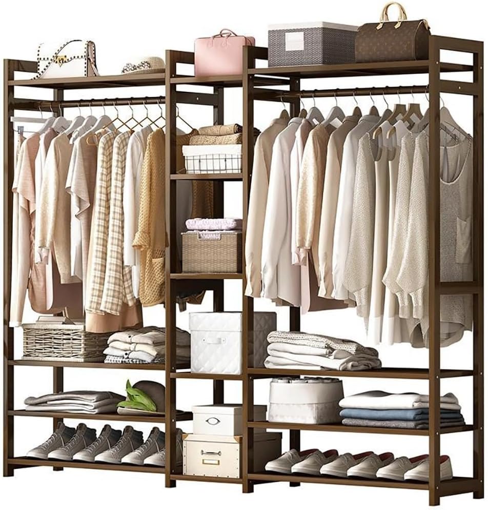 Bamboo Coat Stand with Storage Shelves and Compartments Portable Clothes Rack for Bedroom and Entryway