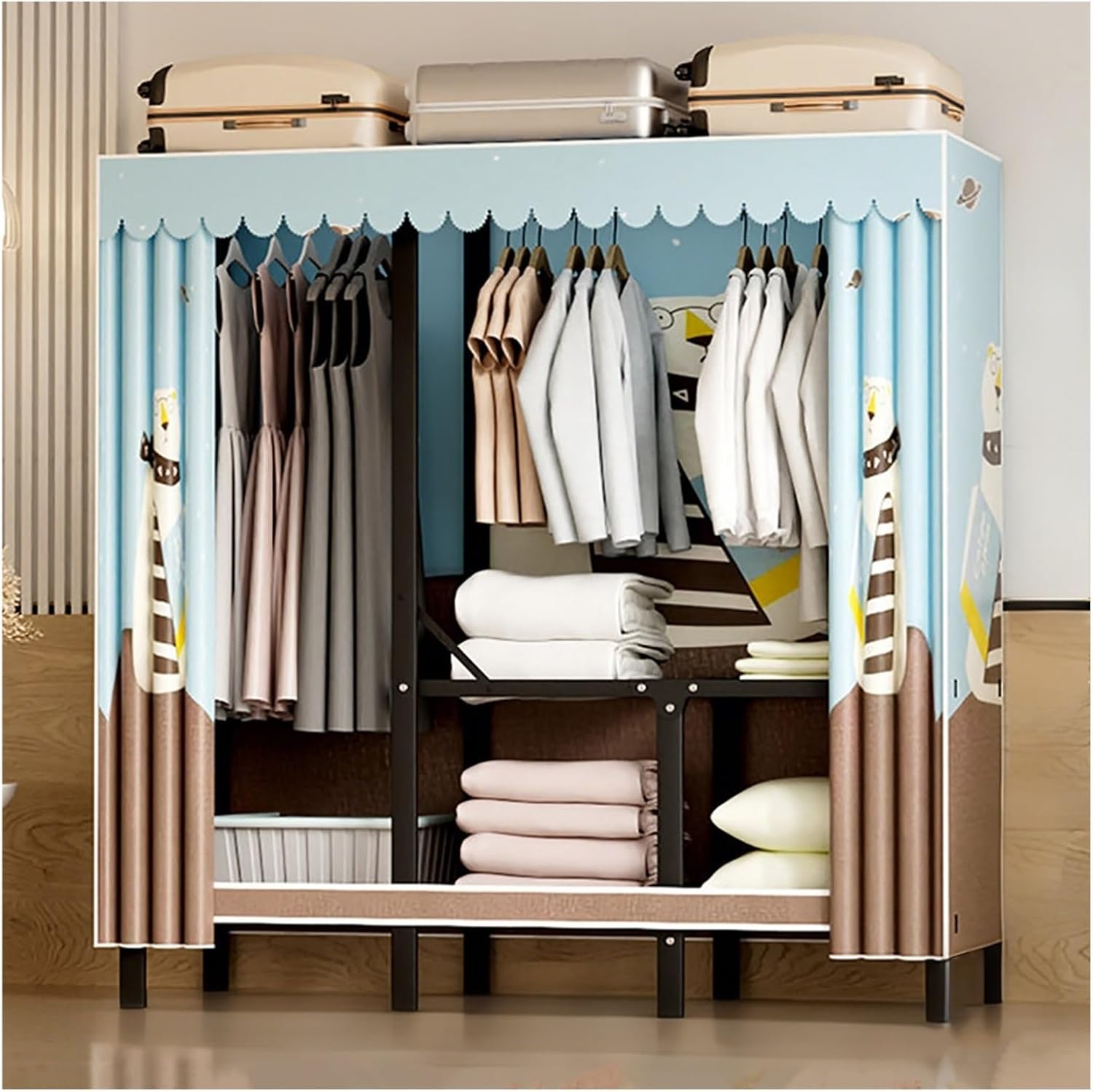 Heavy Duty Wardrobe Closet with Cover, Foldable Garment Rack for Hanging Clothes, Freestanding Covered Clothing Coat Storage Organizer, Clothes Rack with Curtain(C,80cm/31.5in)