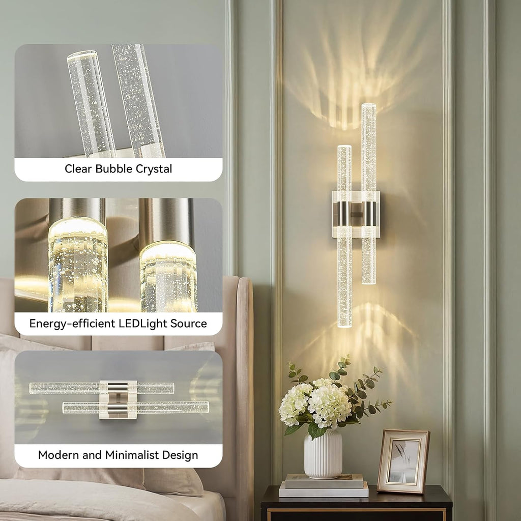 Crystal Wall Sconces Set of Two LED Wall Sconce Hardwired Brushed Nickel Bathroom Vanity Light Fixtures 21.25in 4000K Vertical and Horizontal Wall Mounted Sconces for Bedroom Living Room