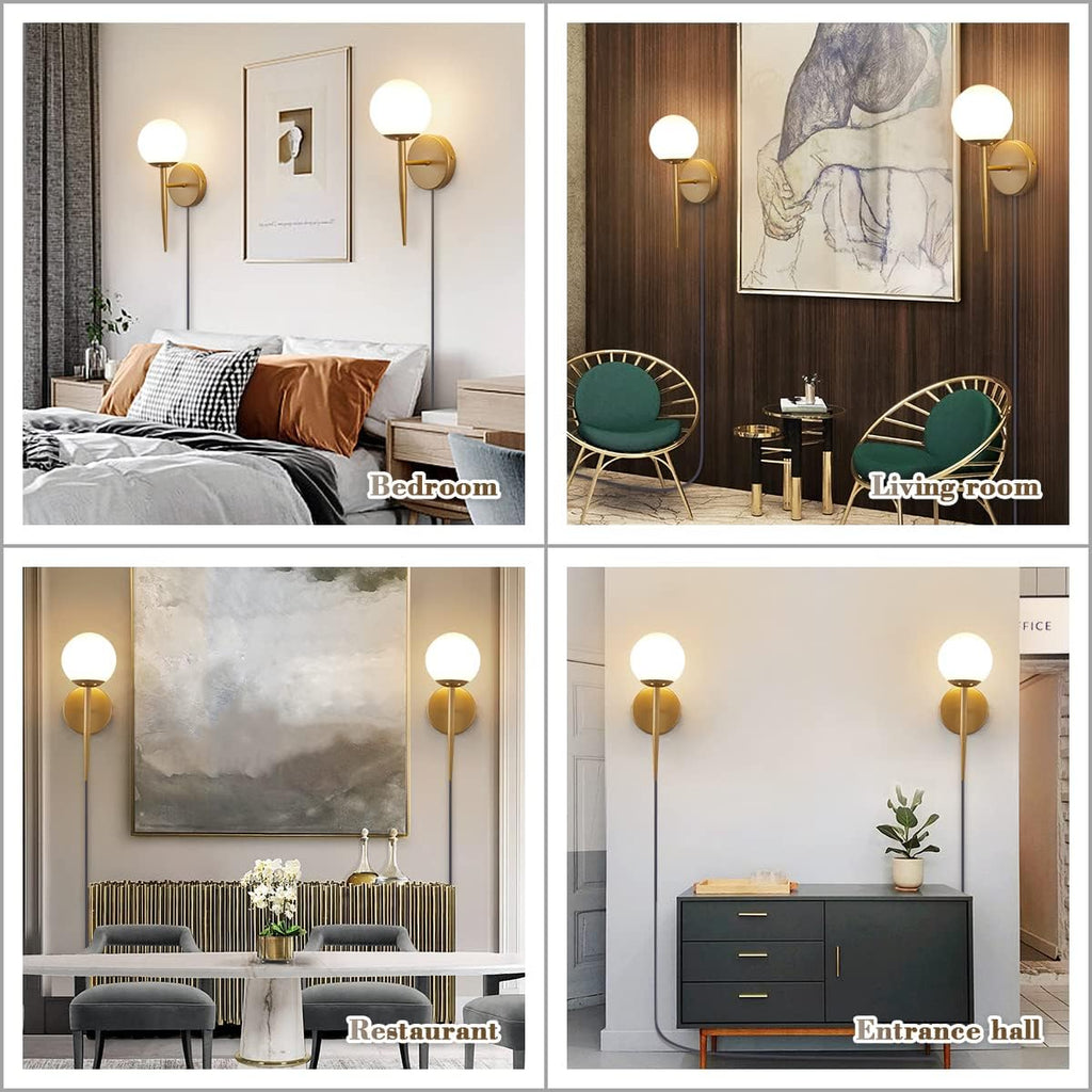 BOKT Mid Century Modern Globe Wall Sconce Set of Two Plug in Cord Brushed Gold Bathroom Wall Sconce Light Set of 2 Plug in Frosted White Glass Bedroom Plug in Wall Lamp (White)