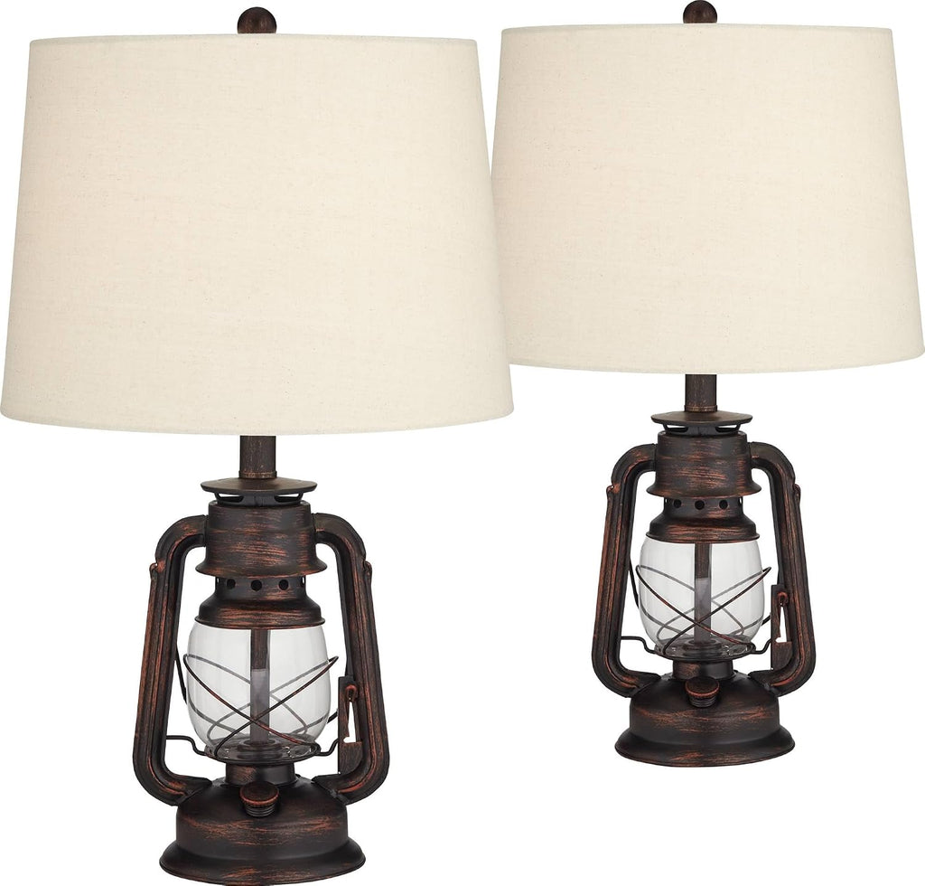 Franklin Iron Works Murphy 23' High Miner Lantern Small Farmhouse Rustic Traditional Accent Table Lamps Set of 2 Red Bronze Finish Metal Oatmeal Shade Living Room Bedroom Bedside Nightstand House