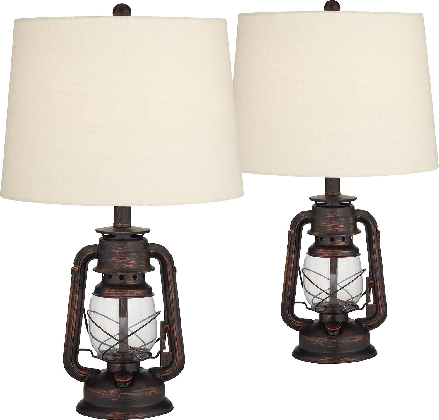 Franklin Iron Works Murphy 23' High Miner Lantern Small Farmhouse Rustic Traditional Accent Table Lamps Set of 2 Red Bronze Finish Metal Oatmeal Shade Living Room Bedroom Bedside Nightstand House