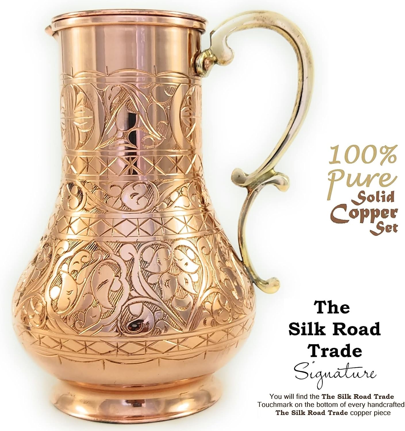 KS Series - Copper Pitcher (45 oz) and Cup (7.7 oz) Set, Moscow Mule Water Jug, Ice Tea and Juice Beverage, Desktop/Bedside Night Water Carafe, Ayurvedic Decanter (Engraved)