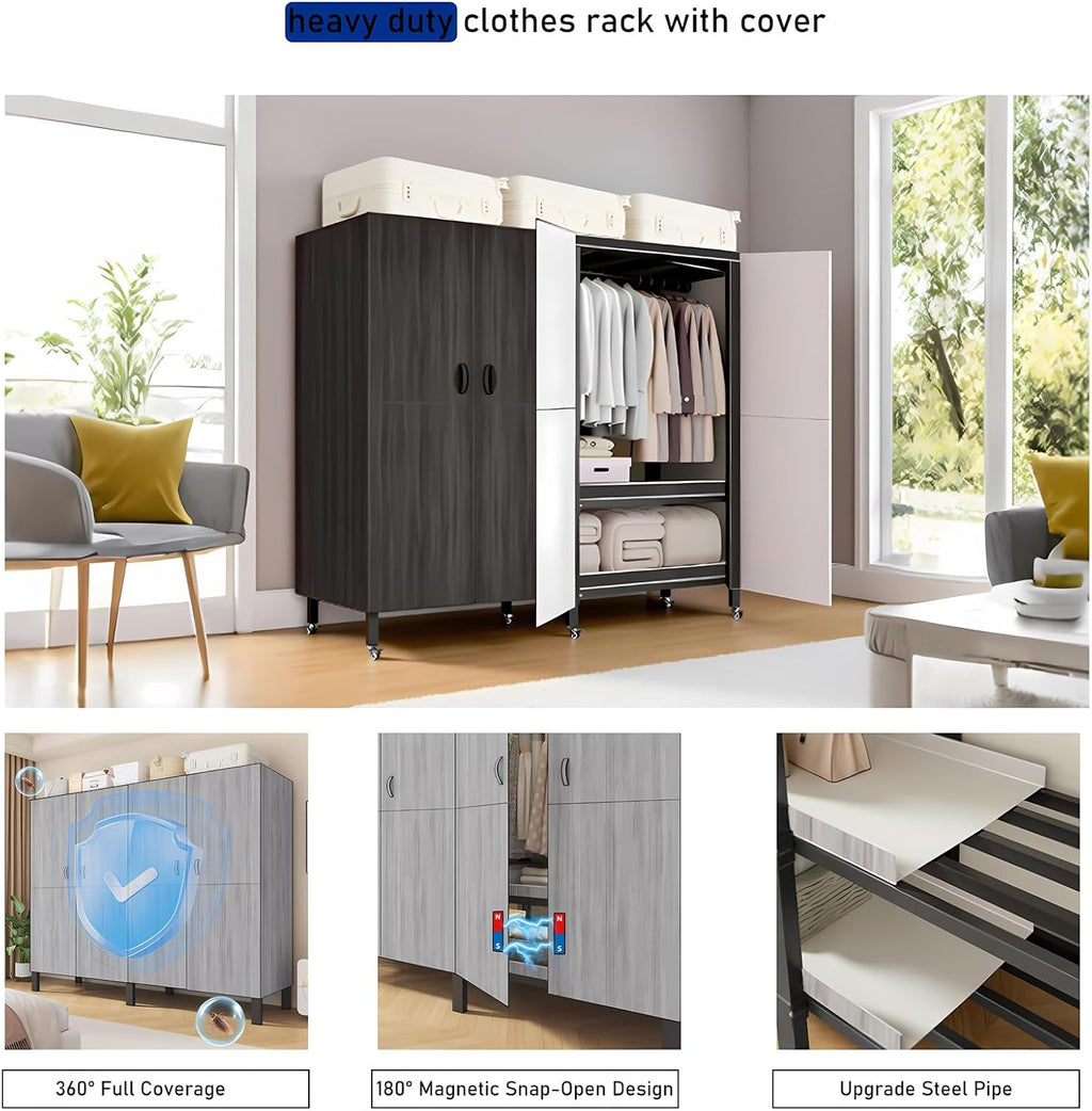 Foldable Portable Wardrobe On Wheels, Freestanding Garment Rack, with Magnetic Door 2000lbs, Heavy Duty Clothes Rack, for Bedroom Closet Systems (Agarwood, 150CM/59IN)