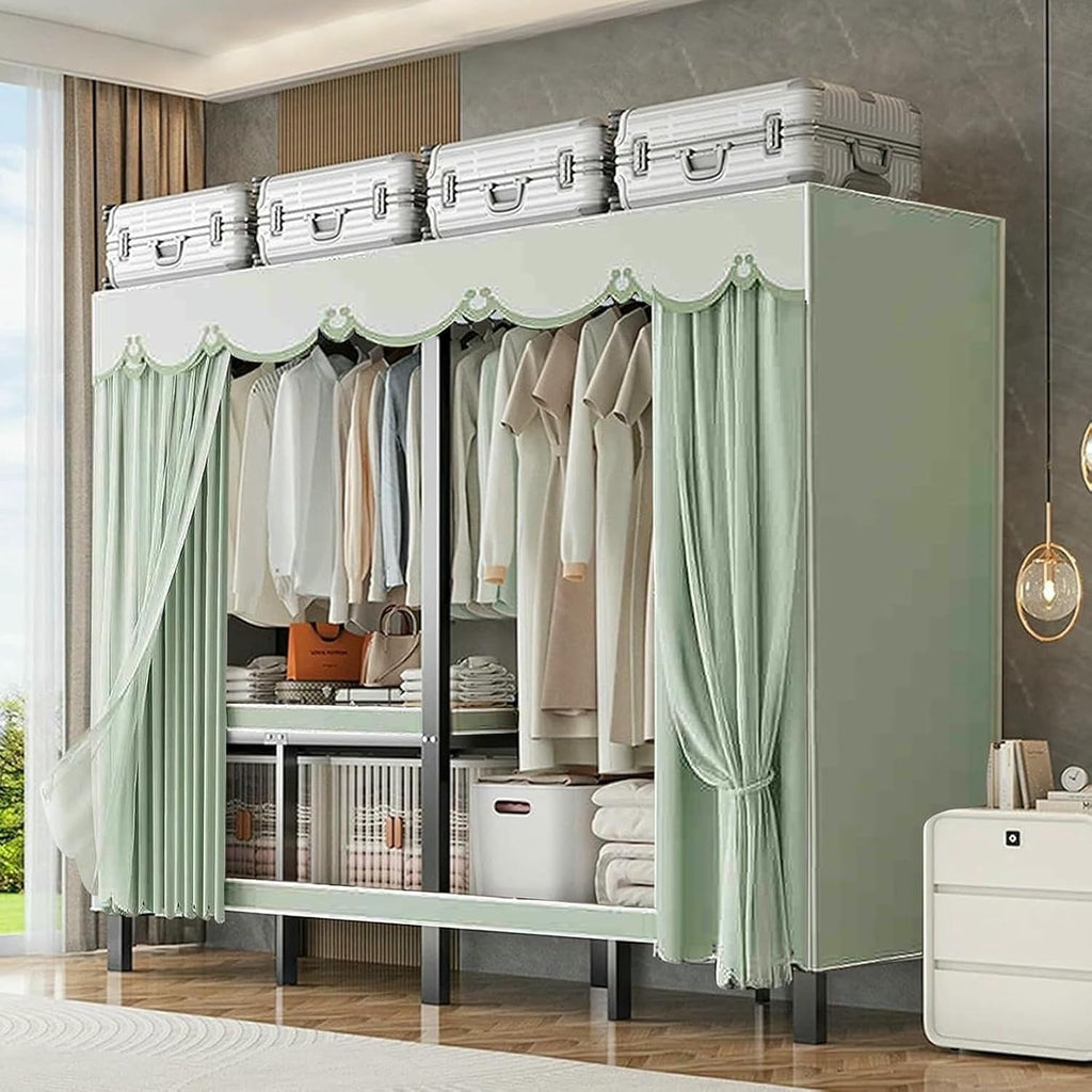 Metal Wardrobe Rack - Heavy Duty Foldable Wardrobe Closet with Cover 1200lbs Garment Rack for Hanging Clothes Covered Clothing Coat Storage Organizer