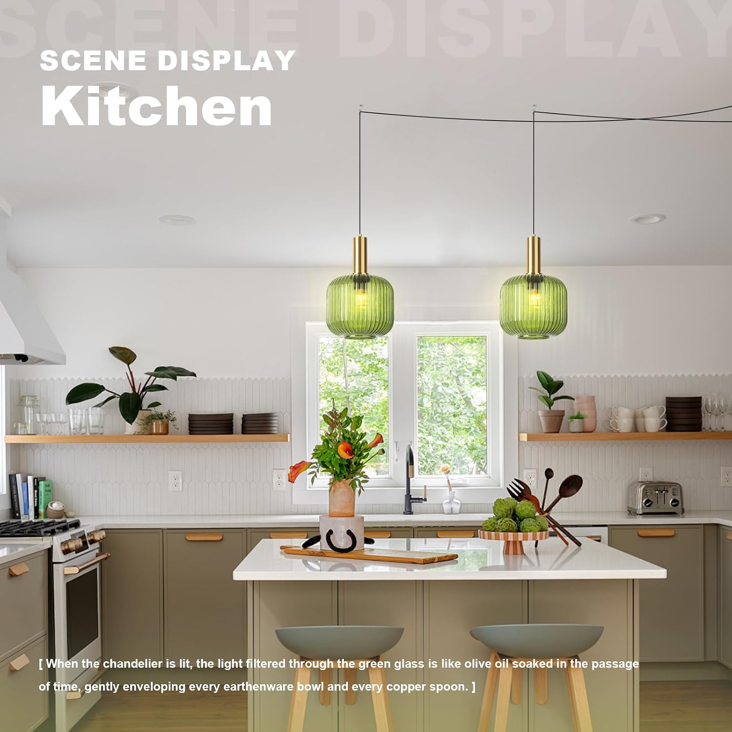 2 Pack Plug in Pendant Light for Living Room, 9.8' Green Glass Ceiling Hanging Lamp Lantern Shade Gold Mid Century Hanging Lamp for Kitchen Island Dining Room Bedroom