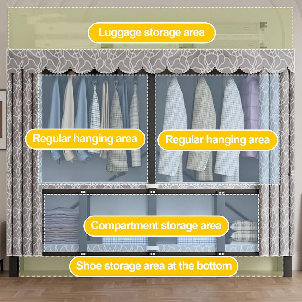Foldable Closet Wardrobe With Cover, Heavy Duty Garment Racks For Hanging Clothes, Metal Covered Clothing Rack, Coat Armoire Storage For Bedroom(A,139X50X170cm)