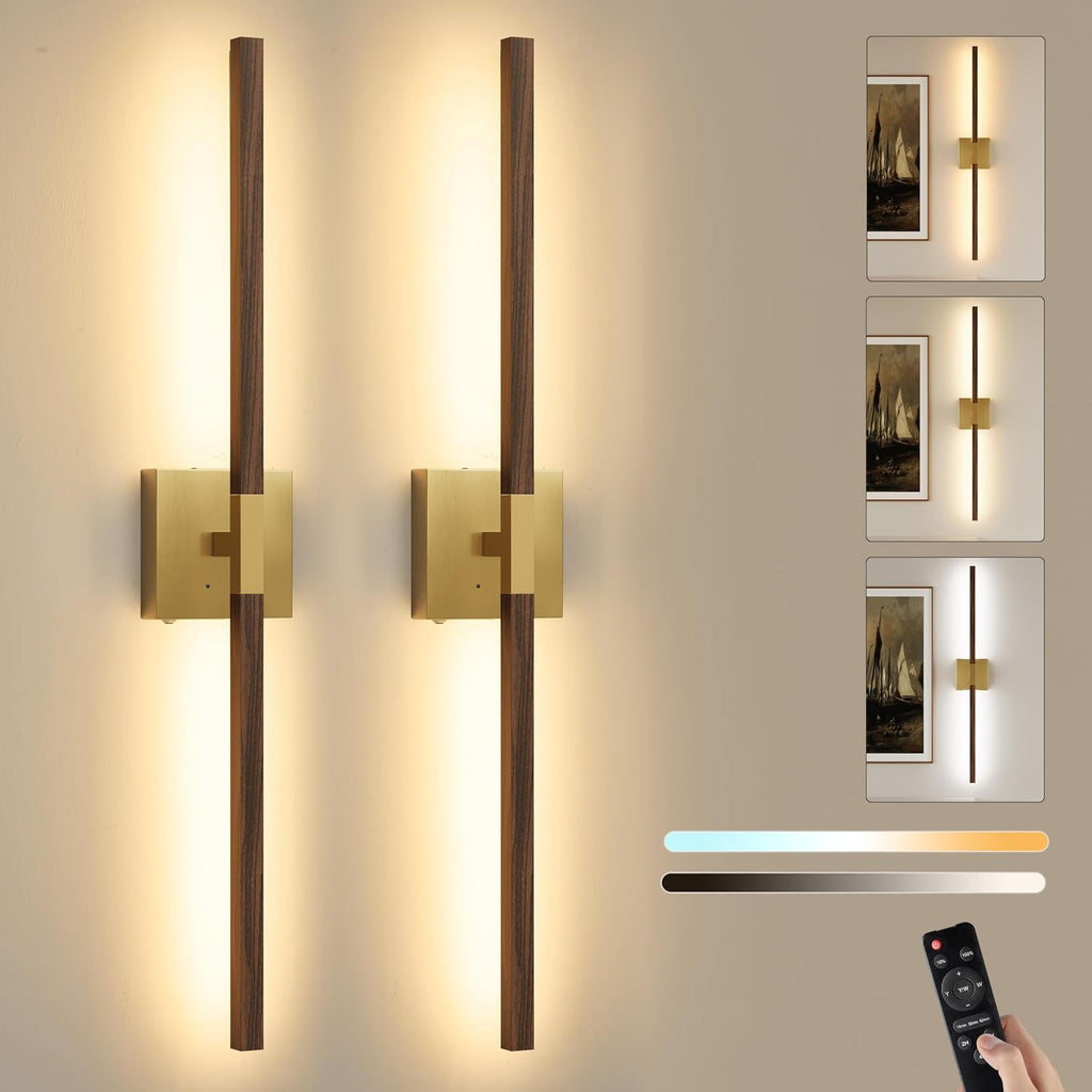 Rayogale Gold Walnut Rechargeable Wall Sconce with Remote Control 36 Inch | 3000/4500/6000K Dimmable 8000mAh Wireless Battery Operated Wall Sconces Set of Two with Timer for Living Room, Bedroom, TV