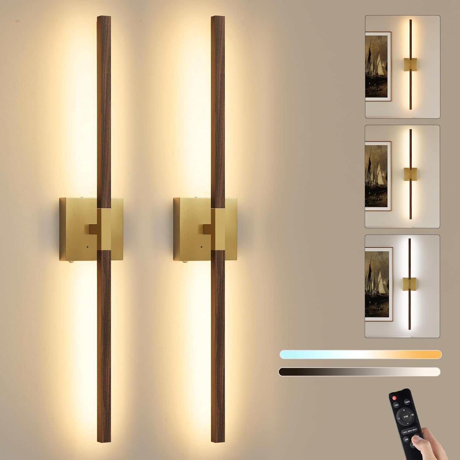 Rayogale Gold Walnut Rechargeable Wall Sconce with Remote Control 36 Inch | 3000/4500/6000K Dimmable 8000mAh Wireless Battery Operated Wall Sconces Set of Two with Timer for Living Room, Bedroom, TV