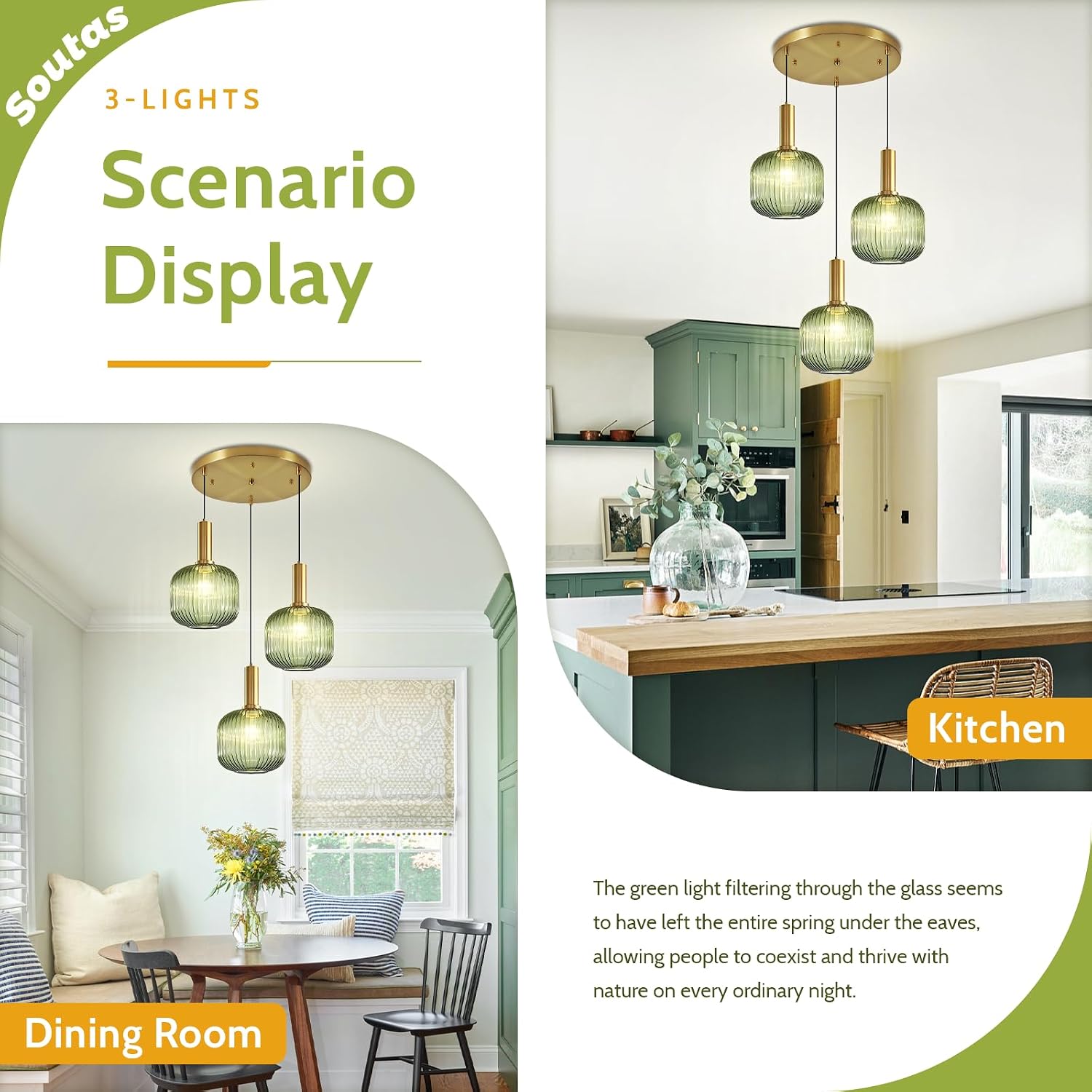 3-Light Dining Room Chandelier Lighting Green Glass Cluster Ceiling Light with Gold Metal Accent, Mid Century Vintage Chandelier for Farmhouse Stairwell Kitchen Island