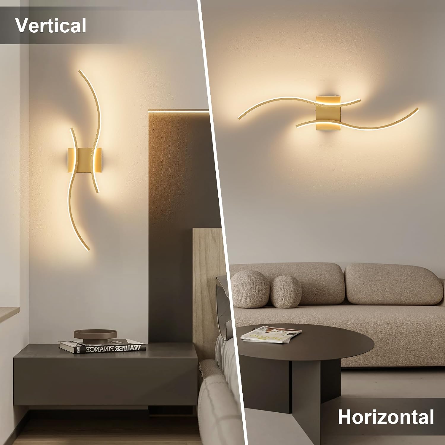 Battery Operated Wall Sconces Set of Two with Remote Control, Battery Wall Light, Stepless Colors 3000K-6000K & Dimming, Gold Led Wall Lights for Living Room, Hallway, Bedroom, 31.5 Inch (2 Pack)