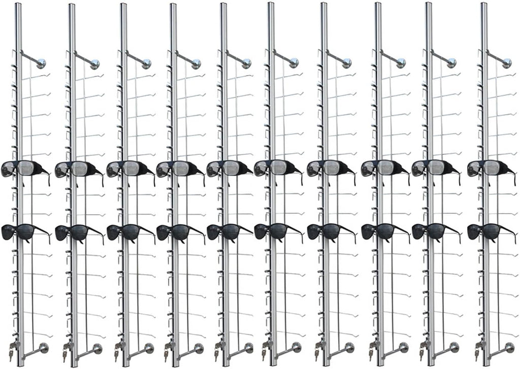 10Pcs Aluminum Sunglass Holder with Lock Wall-Mounted Sunglasses Rack Organizer Storage Eyewear Glasses Display Stand Eyeglass Decorative Display Rod,Hold 14 Frames