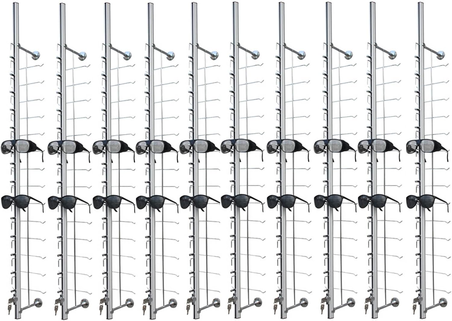 10Pcs Aluminum Sunglass Holder with Lock Wall-Mounted Sunglasses Rack Organizer Storage Eyewear Glasses Display Stand Eyeglass Decorative Display Rod,Hold 14 Frames