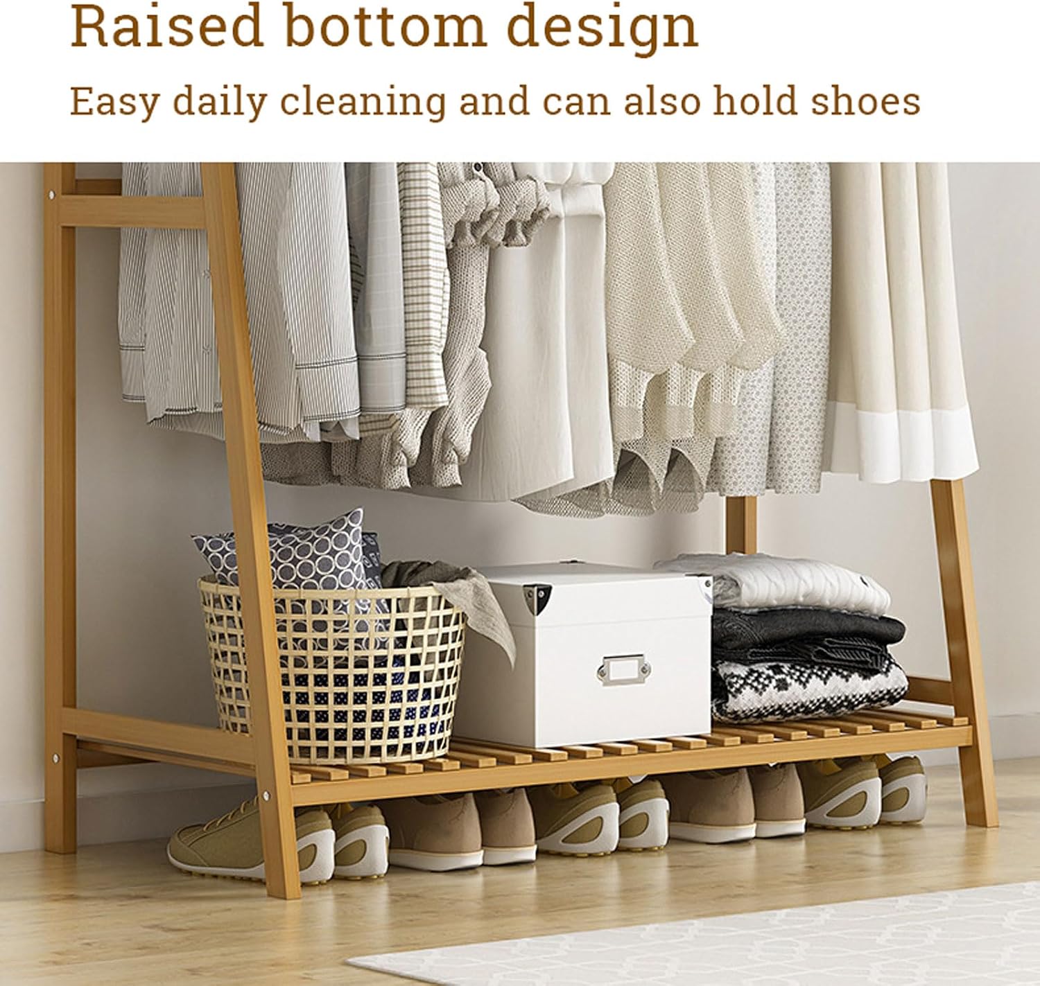 Free Standing Garment Rack Clothing Hanging Stand Bamboo Coat Racks with Storage Shelf, Hanging Rail and Side Hooks, Open Wardrobe Closet Tidy Rail for Clothes Hats Bags