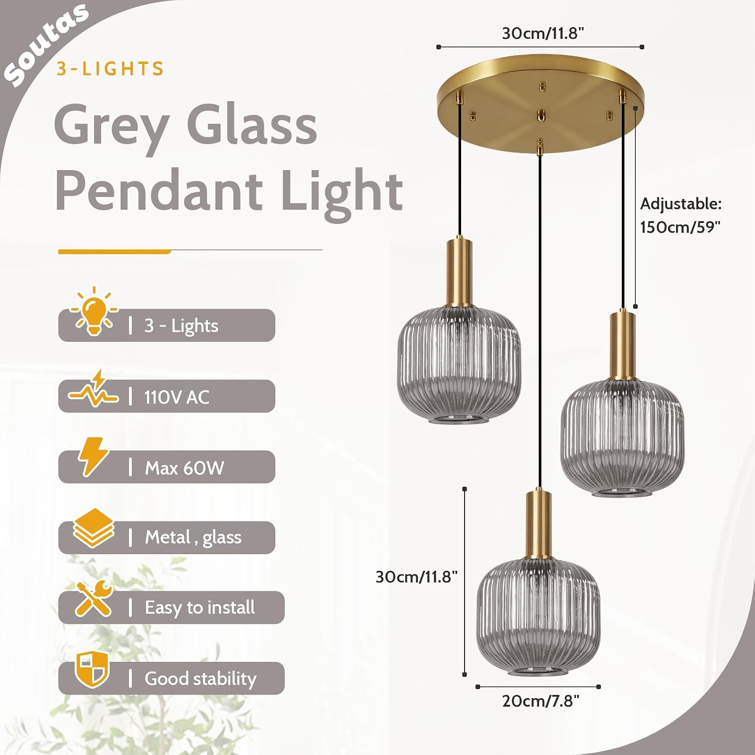 Gold 3-Light Pendant Light Fixture, Modern Smoke Gray Glass Cluster Pendant Lights Kitchen Island, Multi Light Pendant Chandelier Adjustable Hanging Lights for Dining Room Stairs Foyer