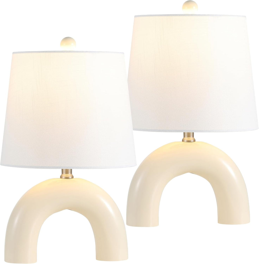 JONATHAN Y 17.75' Almond Modern Ceramic Arch Table Lamp Set of 2 for Bedroom, Scandinavian Minimalist Bedside Lamps with White Linen Shade, LED Bulbs Included JYL5503A-SET2