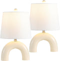 JONATHAN Y 17.75' Almond Modern Ceramic Arch Table Lamp Set of 2 for Bedroom, Scandinavian Minimalist Bedside Lamps with White Linen Shade, LED Bulbs Included JYL5503A-SET2