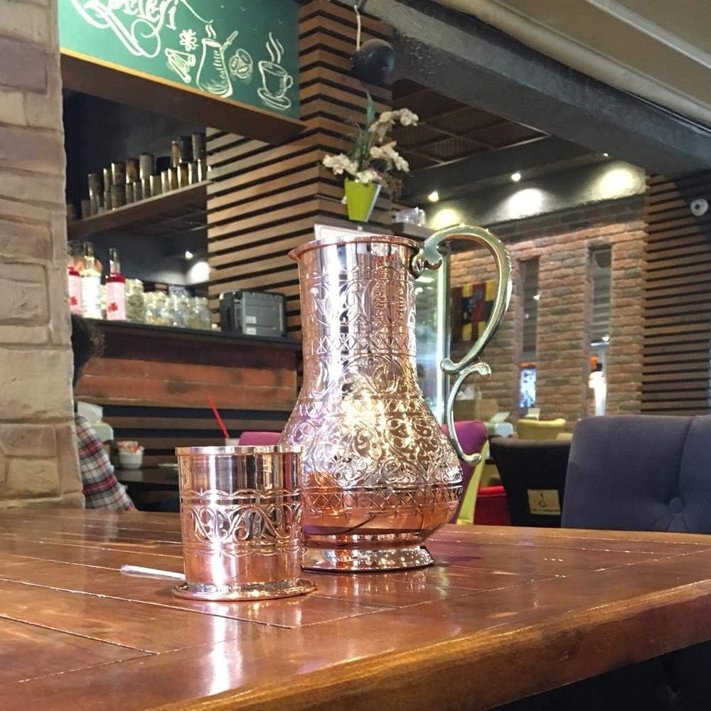 KS Series - Copper Pitcher (45 oz) and Cup (7.7 oz) Set, Moscow Mule Water Jug, Ice Tea and Juice Beverage, Desktop/Bedside Night Water Carafe, Ayurvedic Decanter (Engraved)