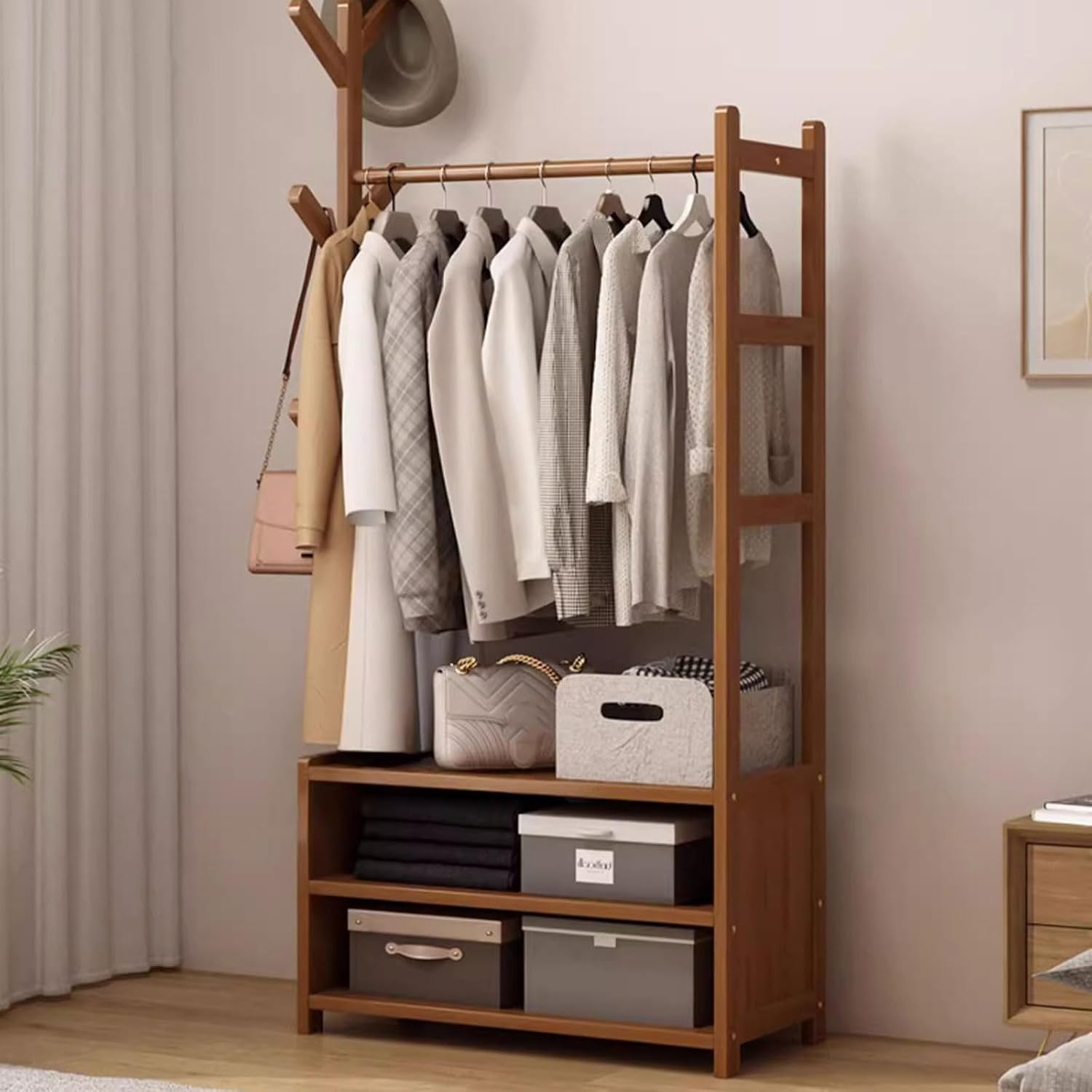 Bamboo Garment Clothes Rack, Free Standing Clothes Rail Stand with Hanging Rod, Open Storage Shelves, Hanging Rail Coat Stand, for Entryway Bedroom Bathroom Office