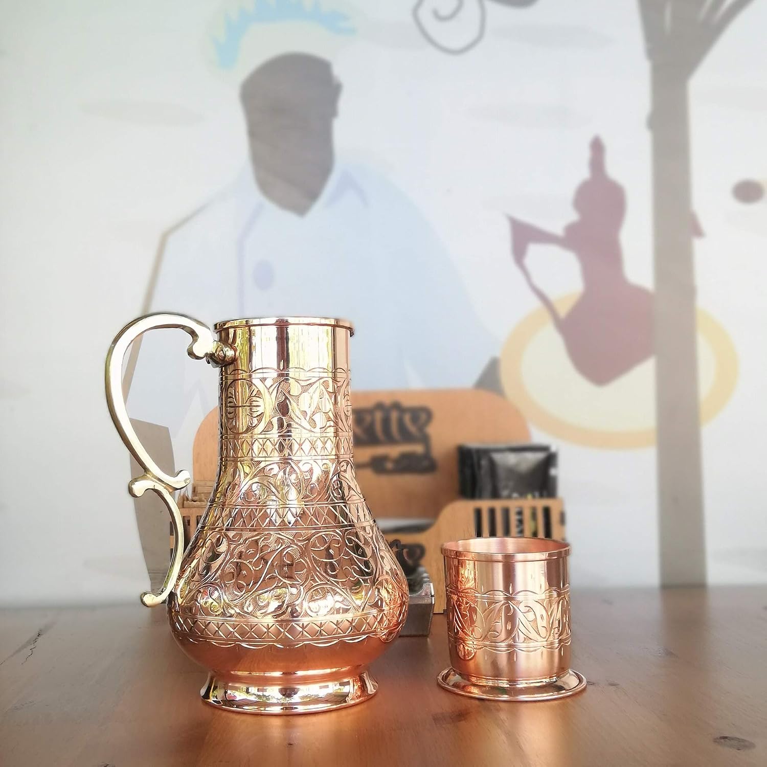 KS Series - Copper Pitcher (45 oz) and Cup (7.7 oz) Set, Moscow Mule Water Jug, Ice Tea and Juice Beverage, Desktop/Bedside Night Water Carafe, Ayurvedic Decanter (Engraved)