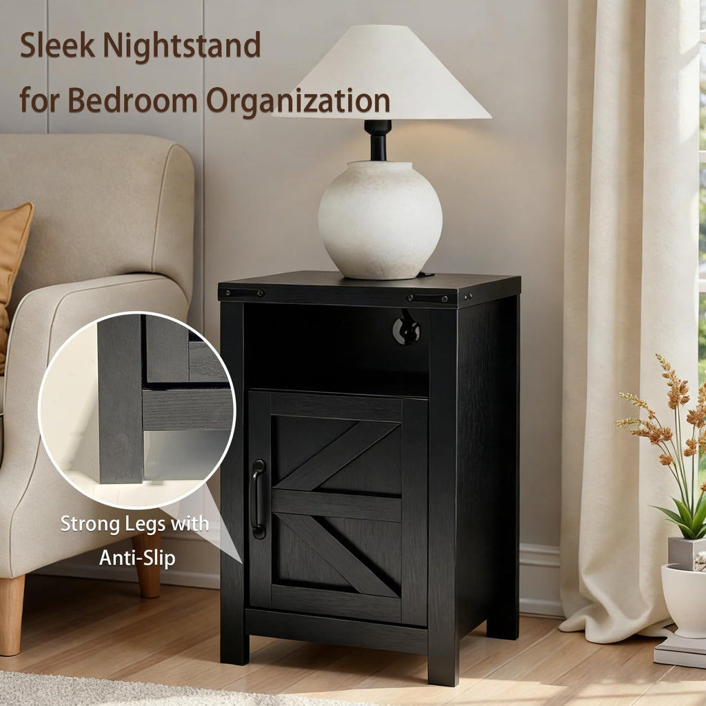 Farmhouse Nightstand Set of 2 with Charging Station, Modern Bedside Table with Barn Door and Shelf, Sofa Side Table End Table for Bedroom, Living Room, Black